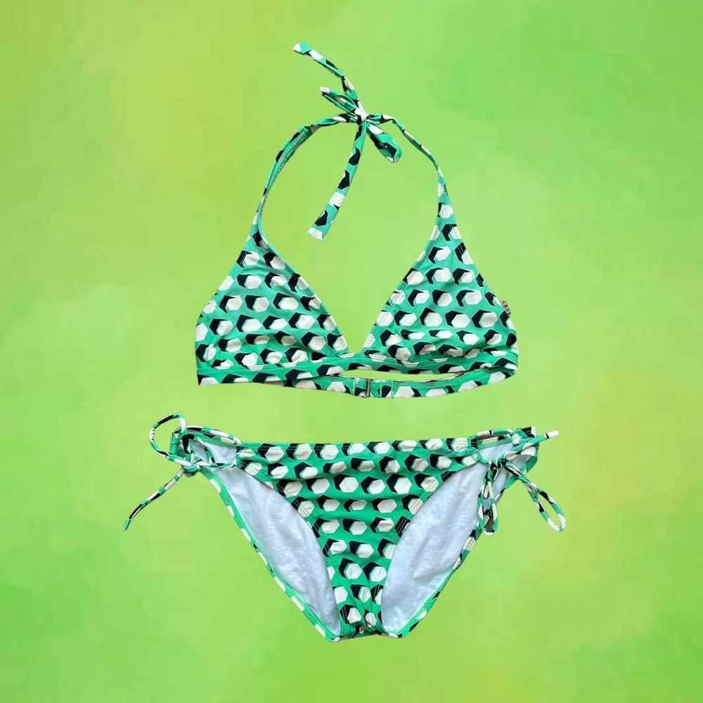 Y2K Roxy Green and white printed bikini set with a cute tie-up top and bottoms